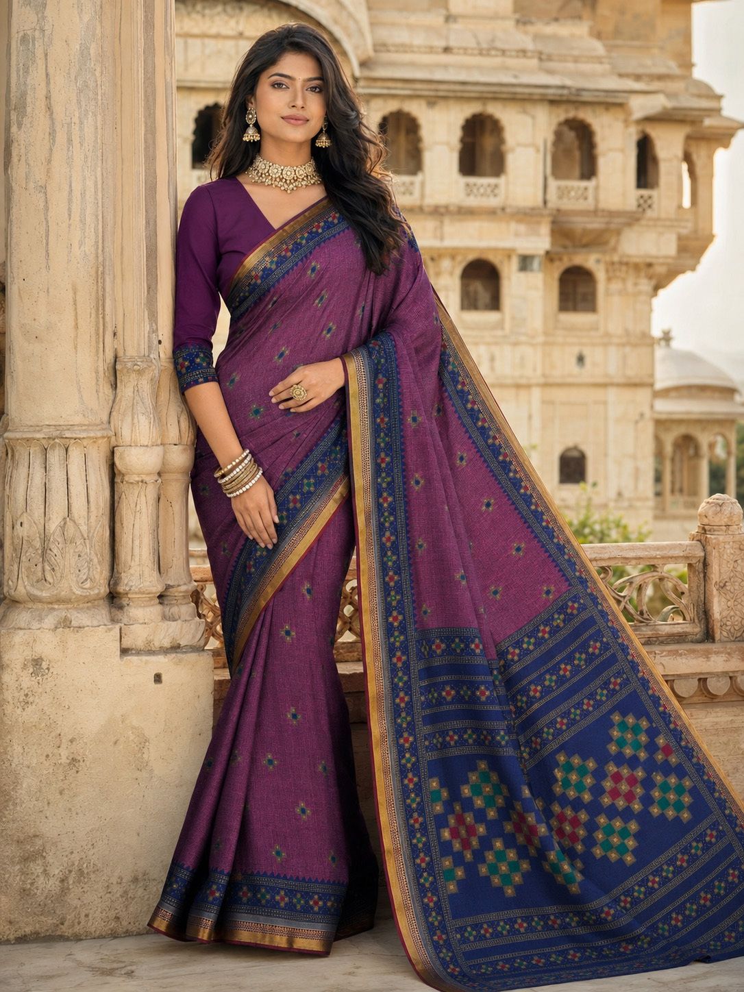 Minu Fashions Women's Purple Ethnic Motif Woven Saree with Contrast Maroon Border & Zari