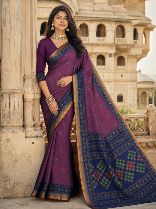 Minu Fashions Women's Purple Ethnic Motif Woven Saree with Contrast Maroon Border & Zari