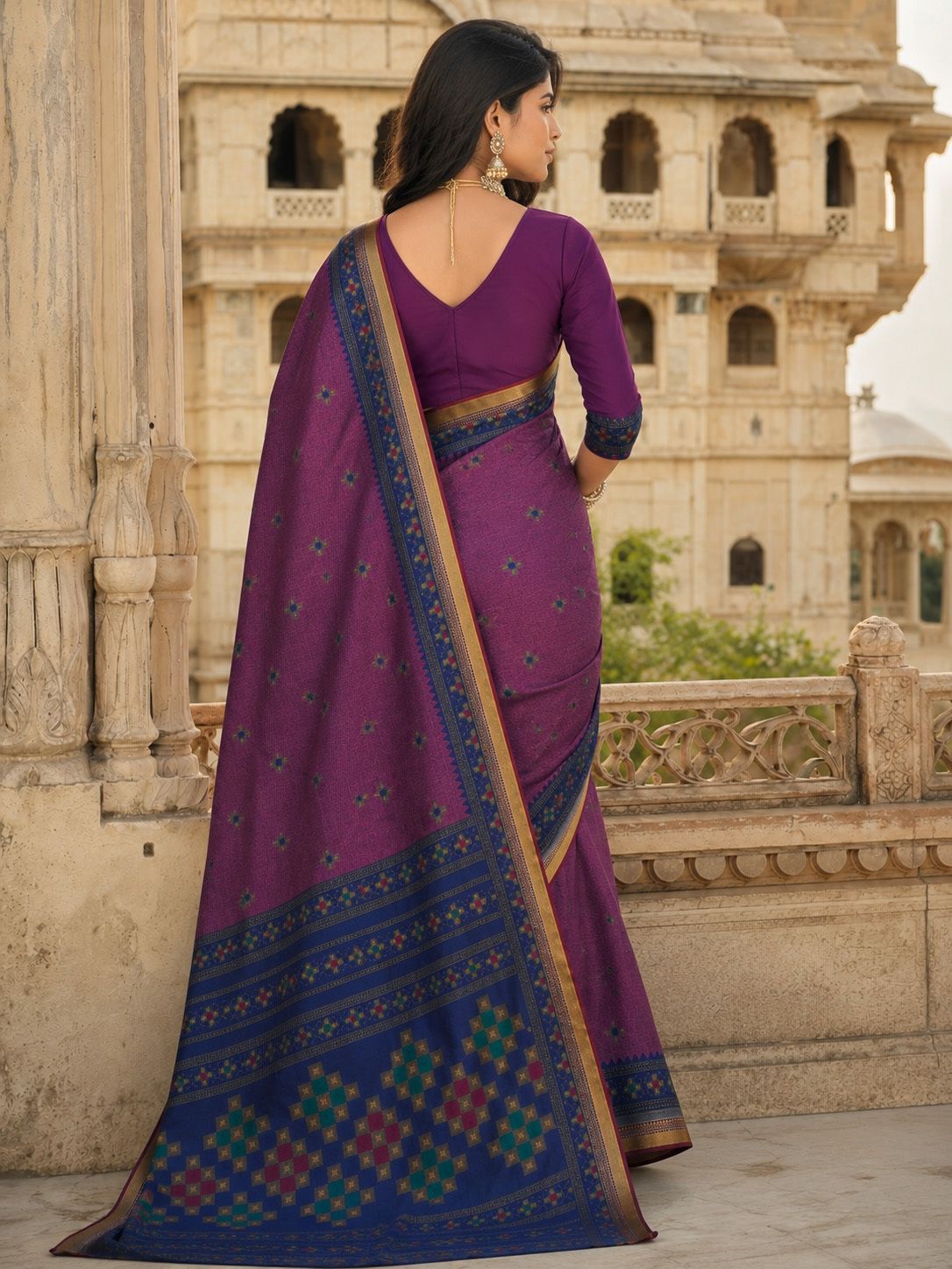 Minu Fashions Women's Purple Ethnic Motif Woven Saree with Contrast Maroon Border & Zari