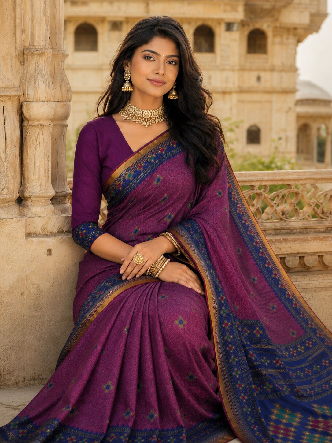 Minu Fashions Women's Purple Ethnic Motif Woven Saree with Contrast Maroon Border & Zari