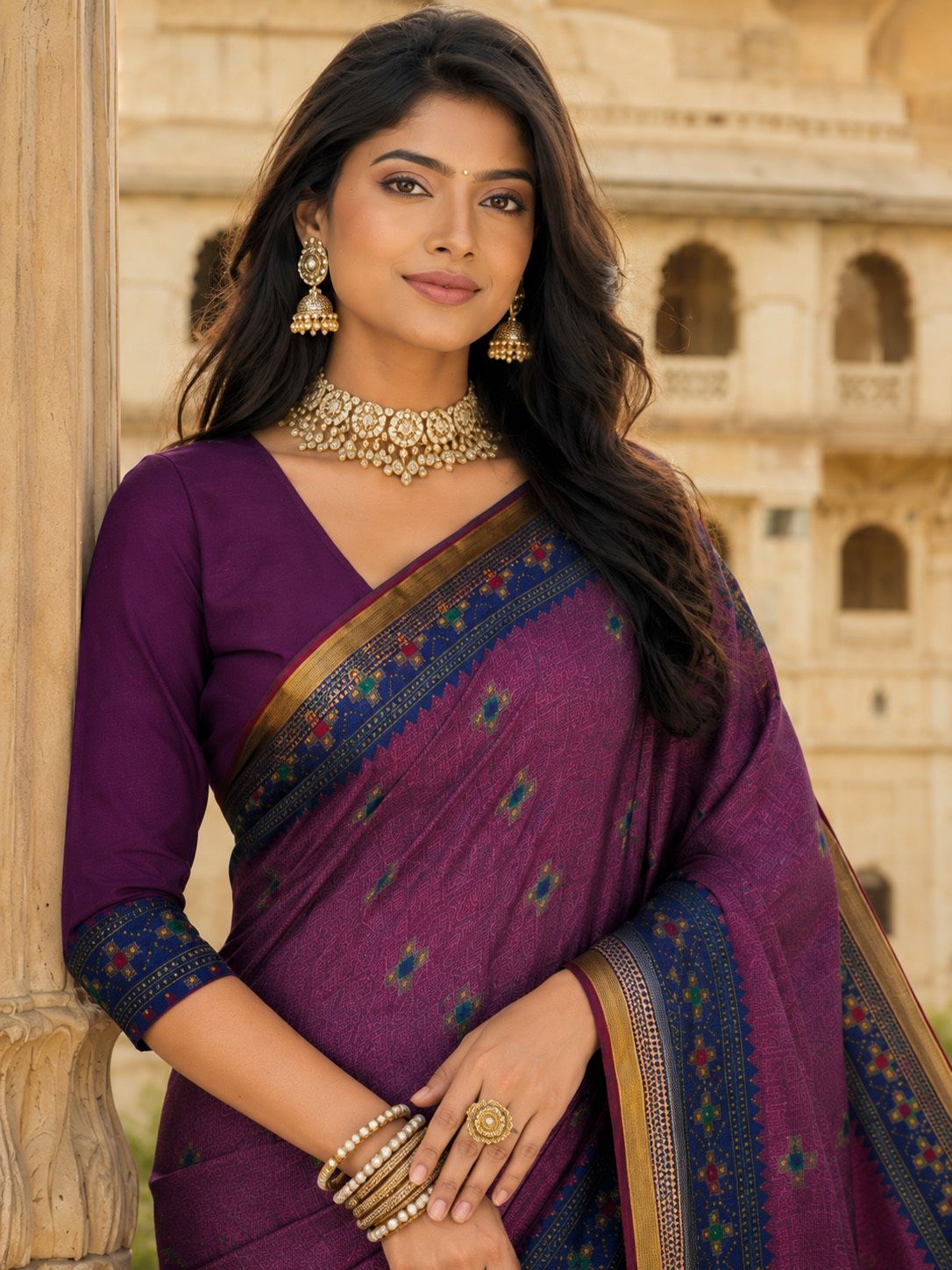 Minu Fashions Women's Purple Ethnic Motif Woven Saree with Contrast Maroon Border & Zari