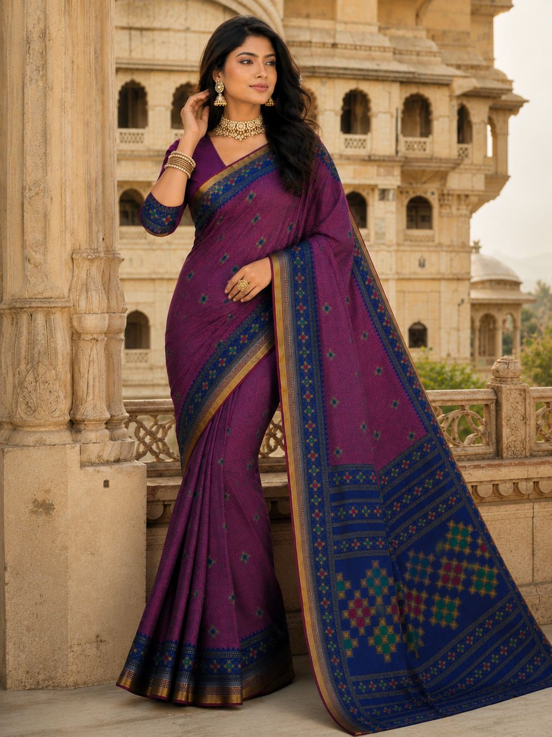 Minu Fashions Women's Purple Ethnic Motif Woven Saree with Contrast Maroon Border & Zari