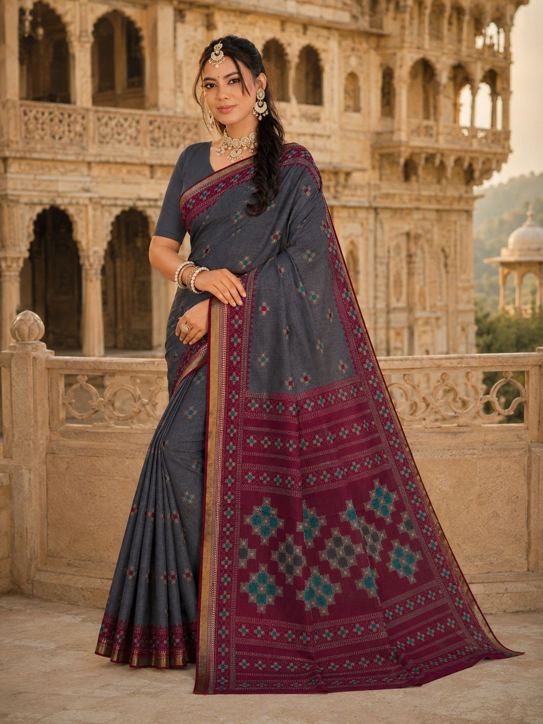 Minu Fashions Women's Grey Ethnic Motif Woven Saree with Contrast Maroon Border & Zari