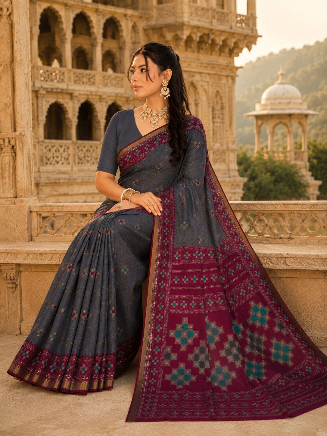 Minu Fashions Women's Grey Ethnic Motif Woven Saree with Contrast Maroon Border & Zari