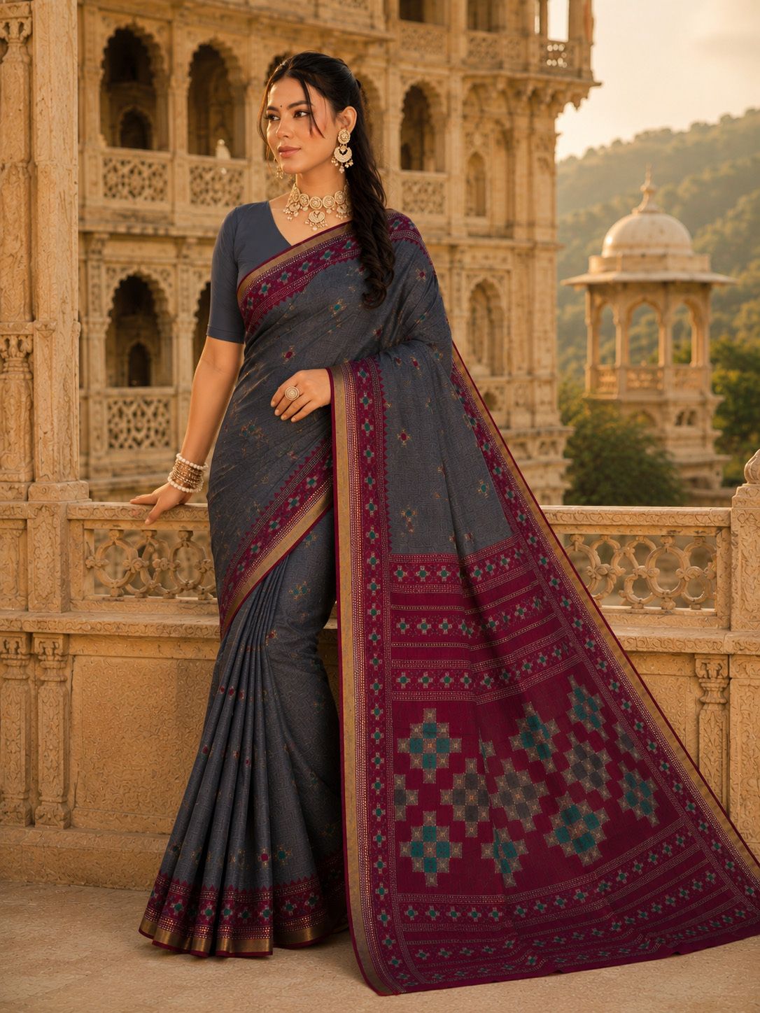 Minu Fashions Women's Grey Ethnic Motif Woven Saree with Contrast Maroon Border & Zari
