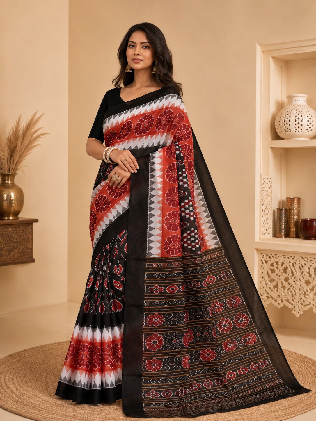 Minu Priyatama Katki Women's Black & Red Pure Cotton Ikat Printed Saree