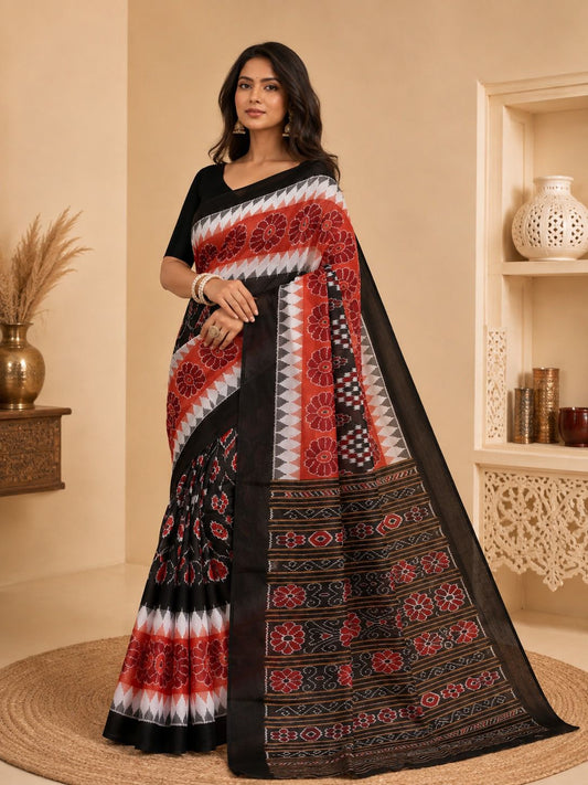 Minu Priyatama Katki Women's Black & Red Pure Cotton Ikat Printed Saree