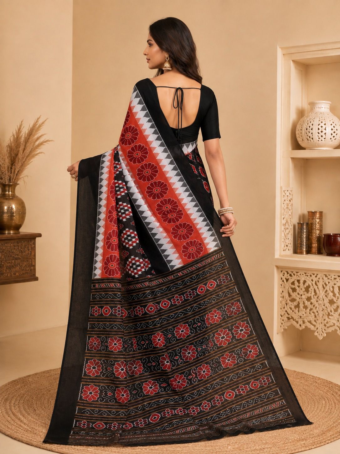Minu Priyatama Katki Women's Black & Red Pure Cotton Ikat Printed Saree