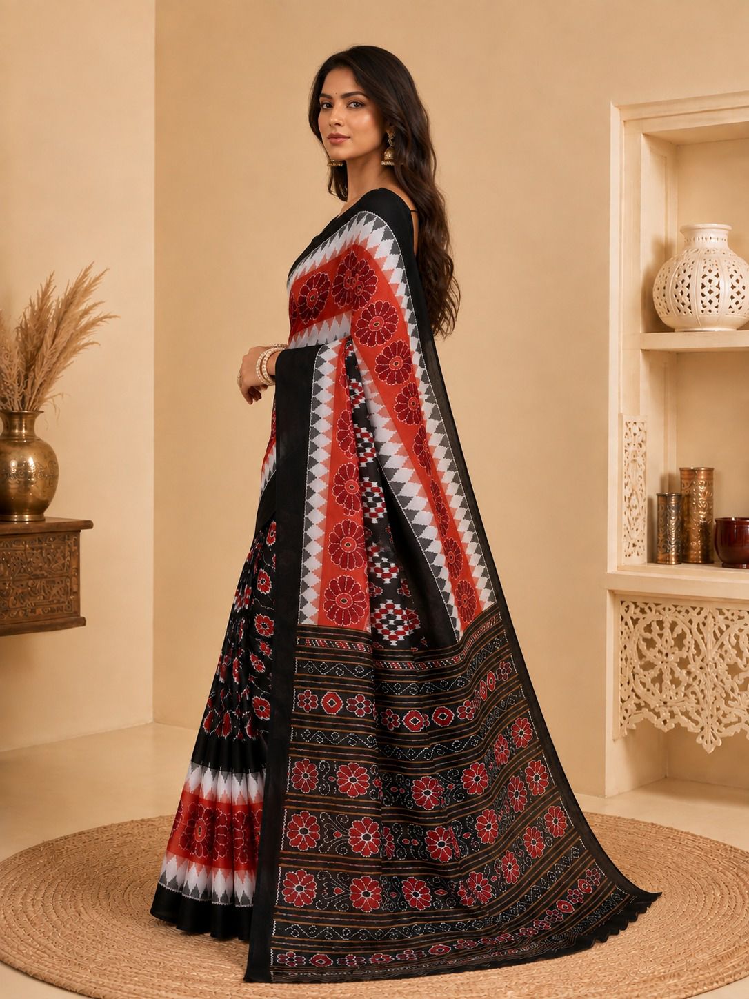 Minu Priyatama Katki Women's Black & Red Pure Cotton Ikat Printed Saree