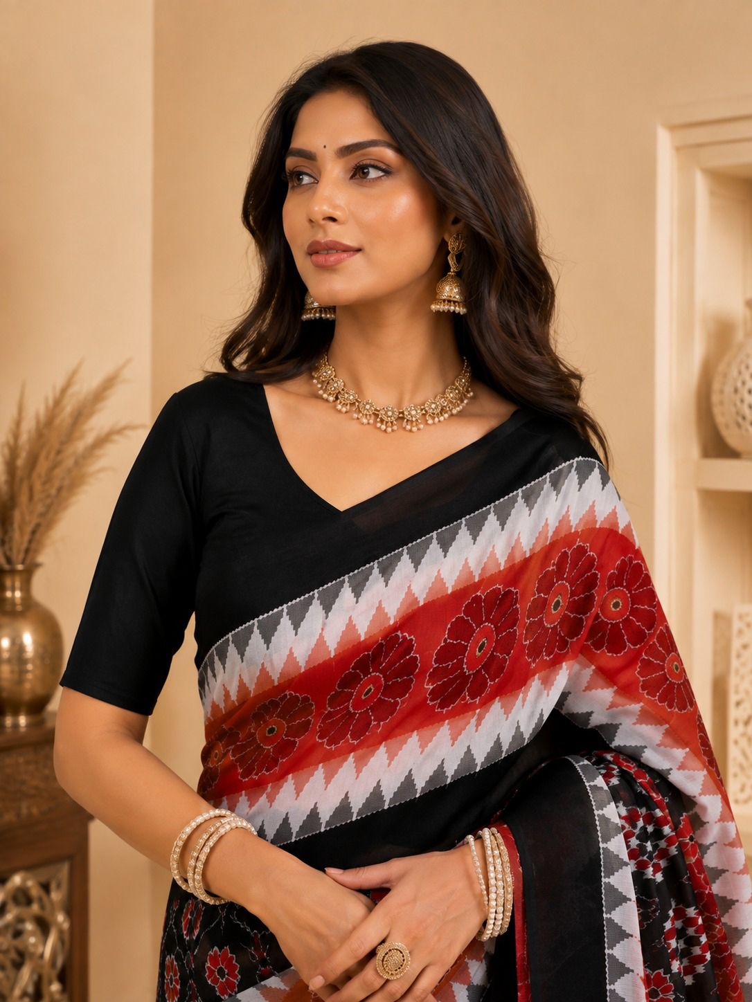 Minu Priyatama Katki Women's Black & Red Pure Cotton Ikat Printed Saree