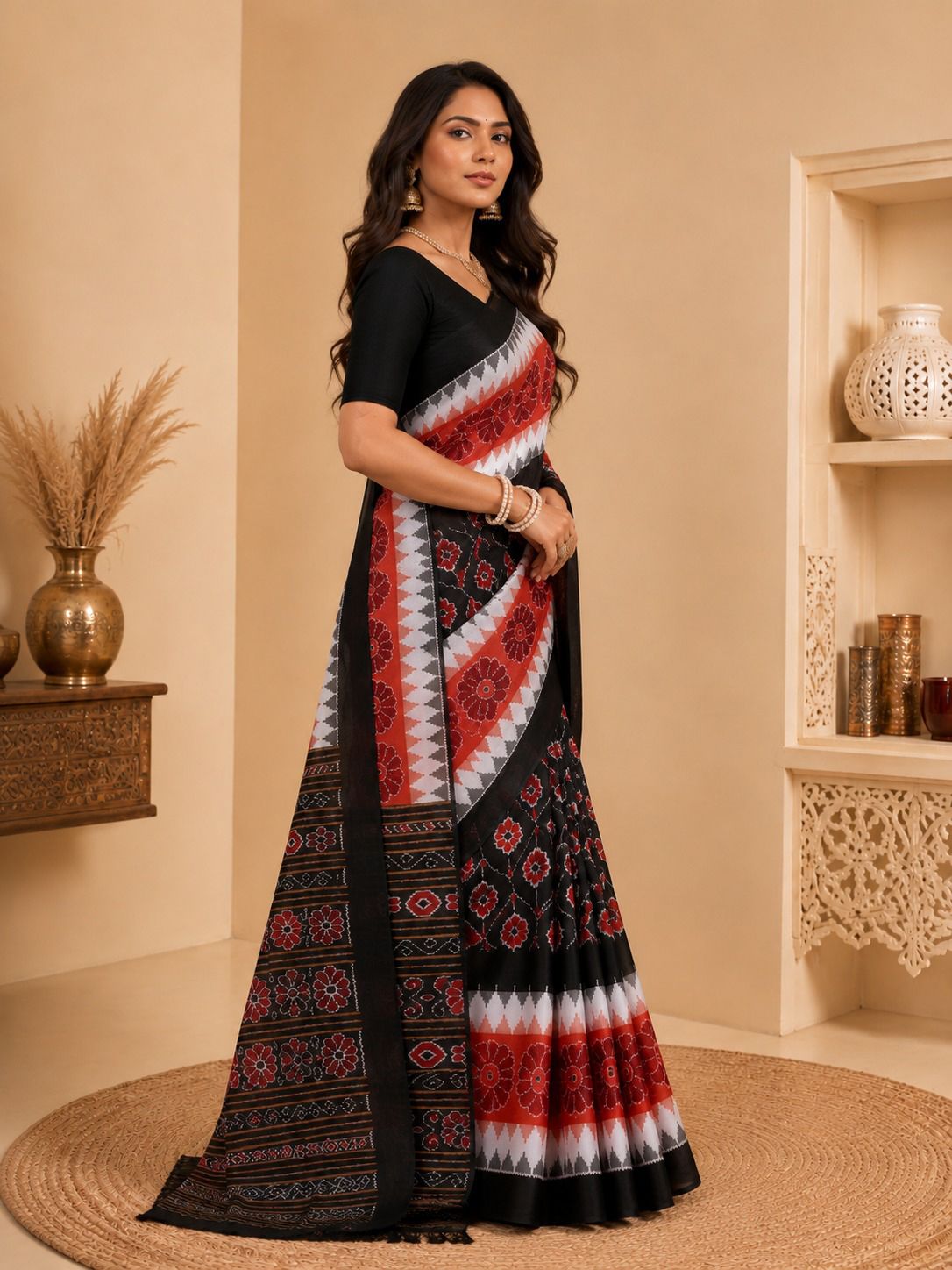 Minu Priyatama Katki Women's Black & Red Pure Cotton Ikat Printed Saree