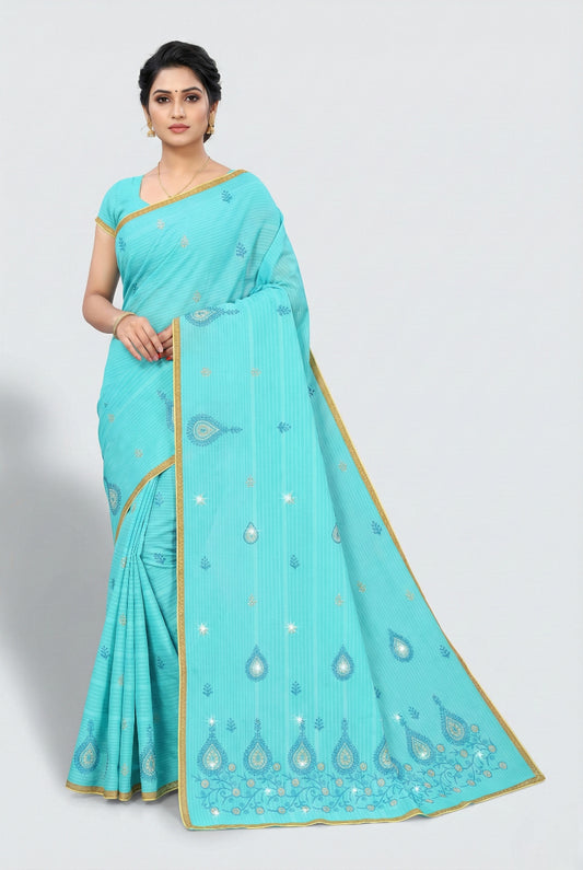 Woman wearing a turquoise saree with gold border on a white background