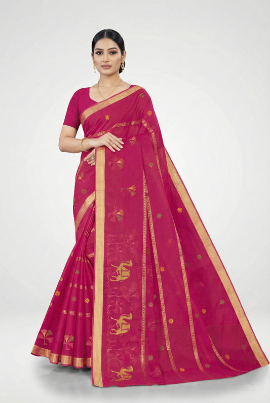 Woman wearing a pink saree with gold patterns on a white background