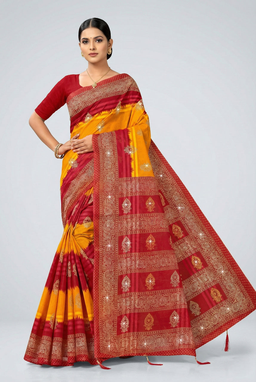 Woman wearing a red and yellow saree with intricate patterns on a white background