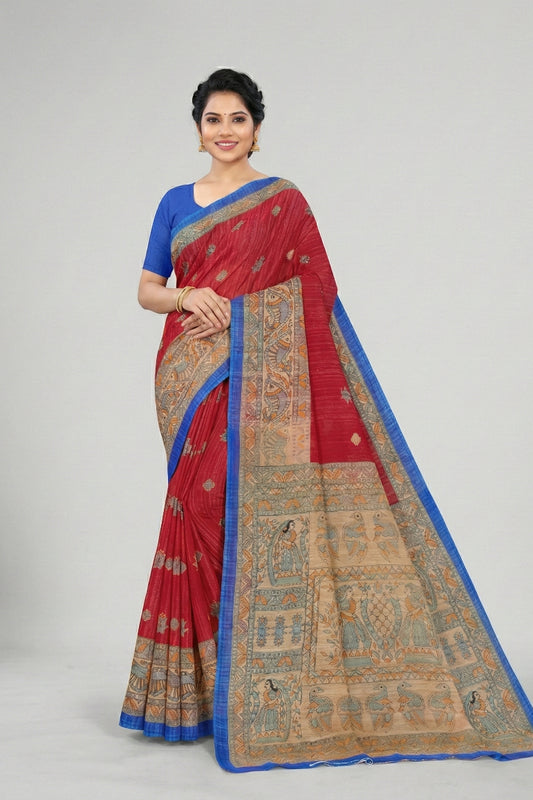 Madhubani Kantha Malai Cotton Printed Saree Pure Cotton Sarees