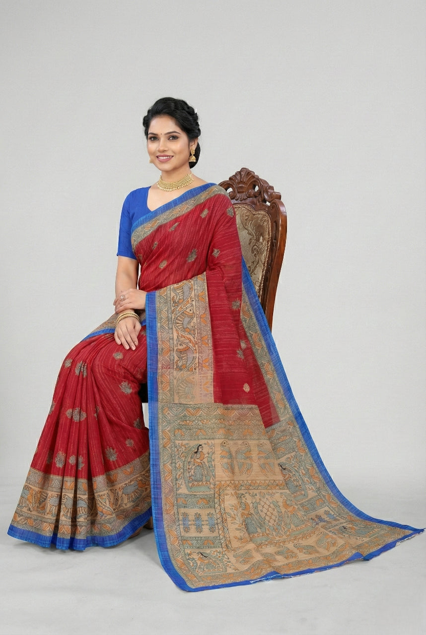 Madhubani Kantha Malai Cotton Printed Saree Pure Cotton Sarees