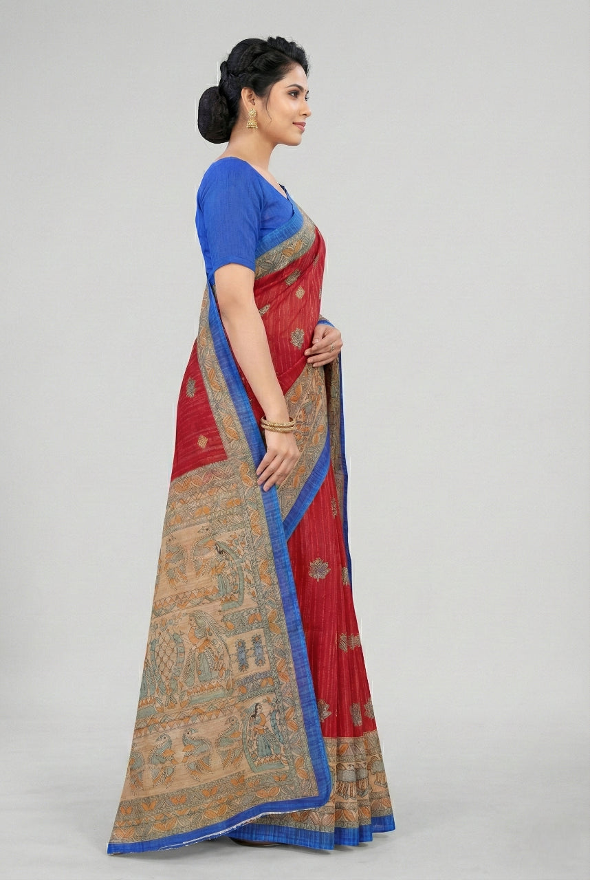 Madhubani Kantha Malai Cotton Printed Saree Pure Cotton Sarees