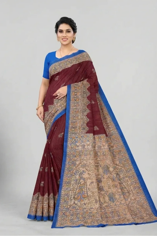 Madhubani Kantha Malai Cotton Printed Saree Maroon Pure Cotton Sarees