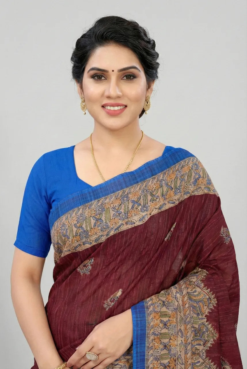 Madhubani Kantha Malai Cotton Printed Saree Maroon Pure Cotton Sarees