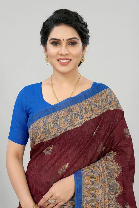 Madhubani Kantha Malai Cotton Printed Saree Maroon Pure Cotton Sarees
