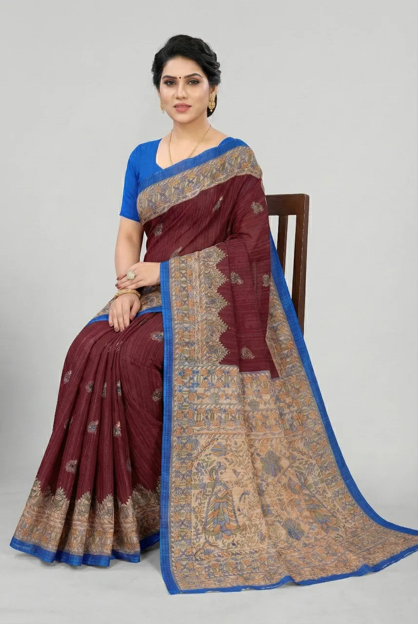 Madhubani Kantha Malai Cotton Printed Saree Maroon Pure Cotton Sarees