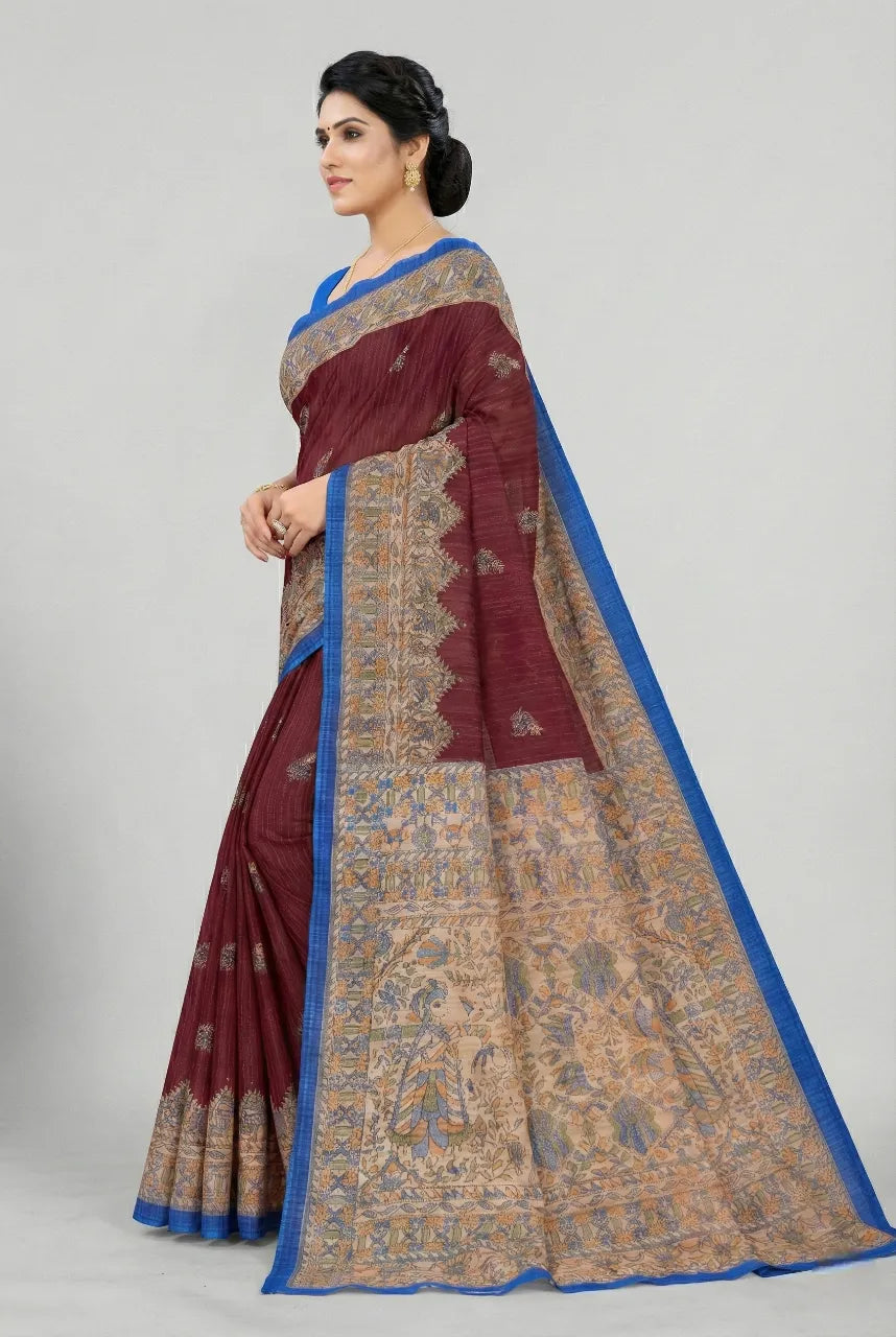 Madhubani Kantha Malai Cotton Printed Saree Maroon Pure Cotton Sarees