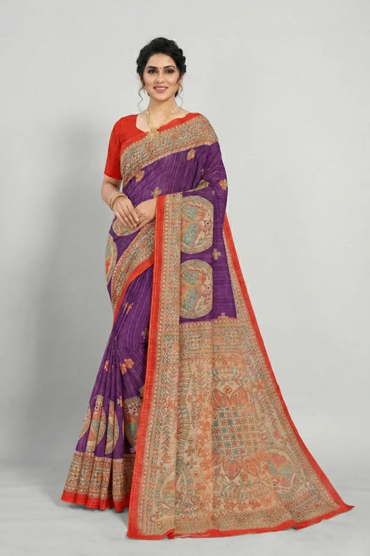 Madhubani Kantha Malai Cotton Printed Saree Violet Premium Cotton Saree