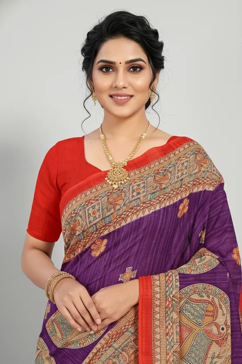 Madhubani Kantha Malai Cotton Printed Saree Violet Premium Cotton Saree