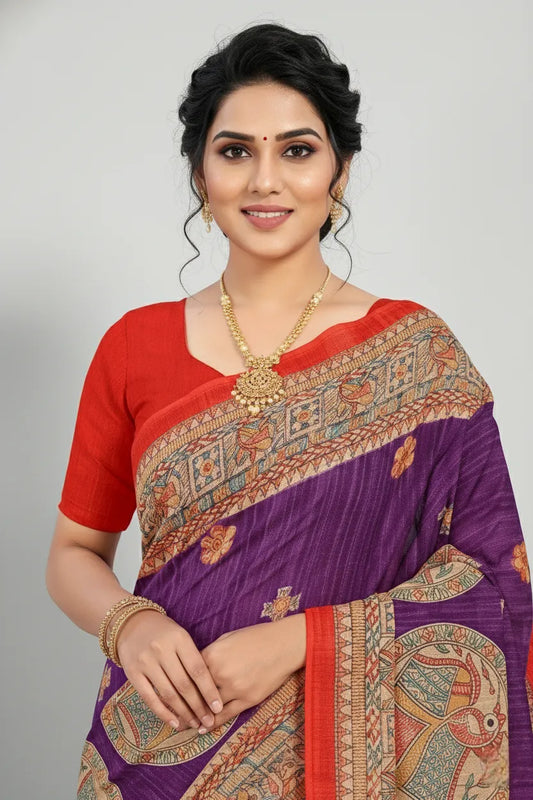 Madhubani Kantha Malai Cotton Printed Saree Violet Premium Cotton Saree
