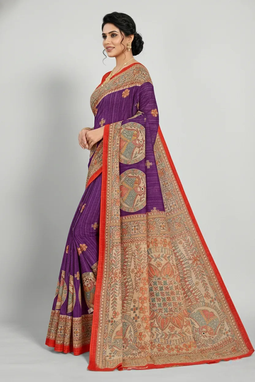 Madhubani Kantha Malai Cotton Printed Saree Violet Premium Cotton Saree