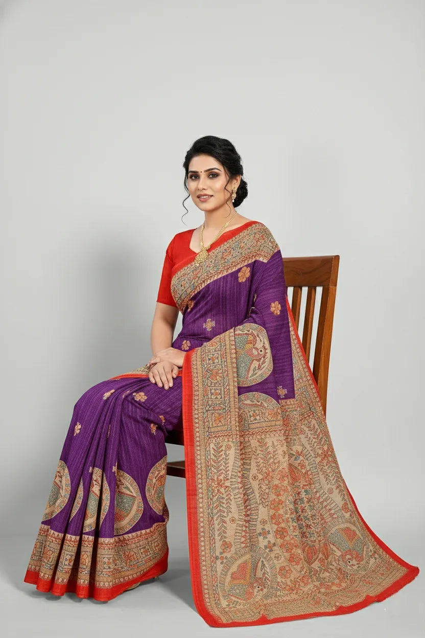 Madhubani Kantha Malai Cotton Printed Saree Violet Premium Cotton Saree