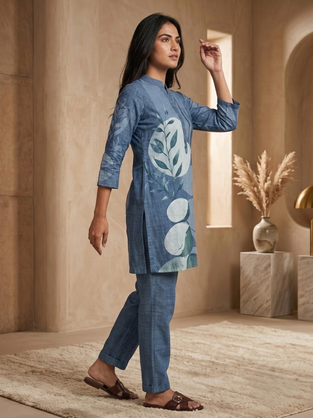 Anouk Juni Sky Blue Cotton Slub Digital Print Co-Ord Set for Women | Mandarin Collar Straight Fit Top with Elastic Waist Trouser