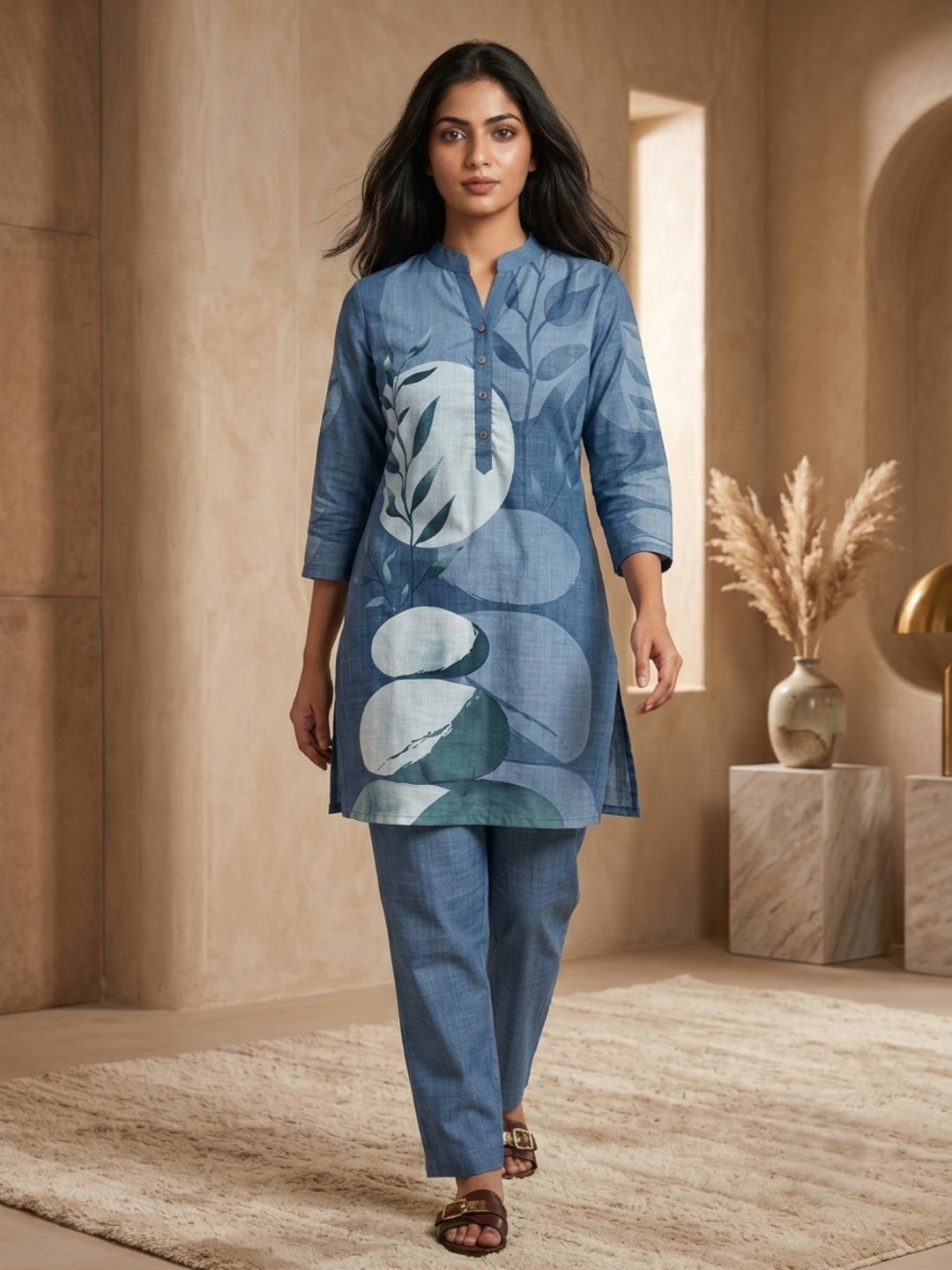 Anouk Juni Sky Blue Cotton Slub Digital Print Co-Ord Set for Women | Mandarin Collar Straight Fit Top with Elastic Waist Trouser