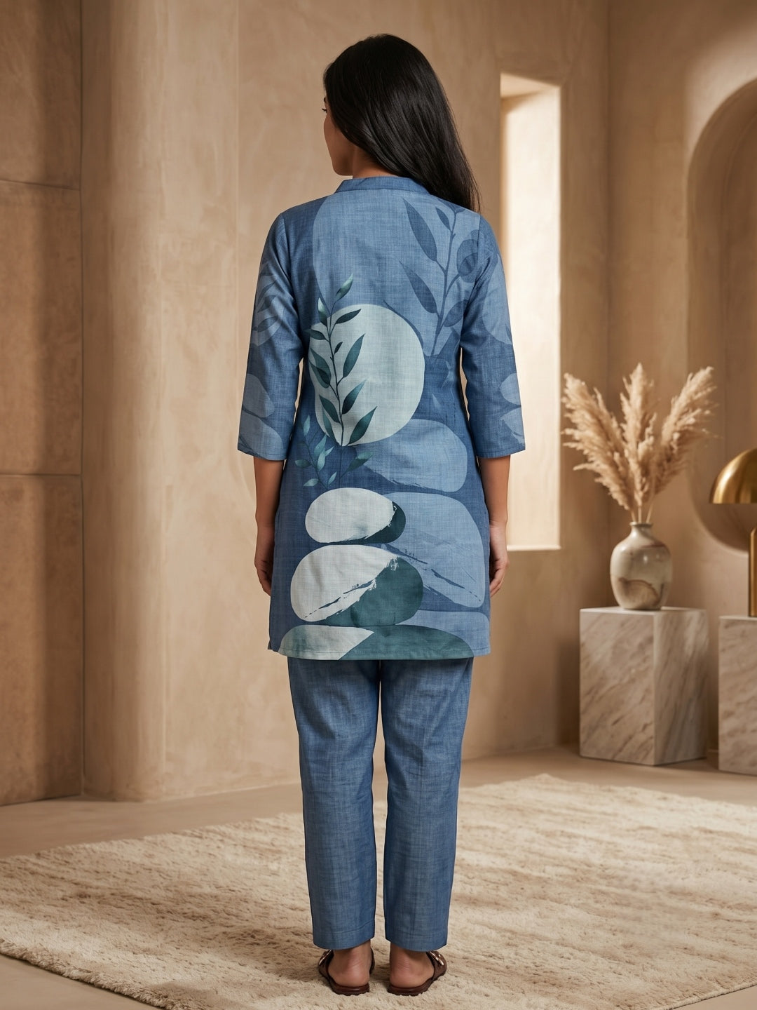 Anouk Juni Sky Blue Cotton Slub Digital Print Co-Ord Set for Women | Mandarin Collar Straight Fit Top with Elastic Waist Trouser