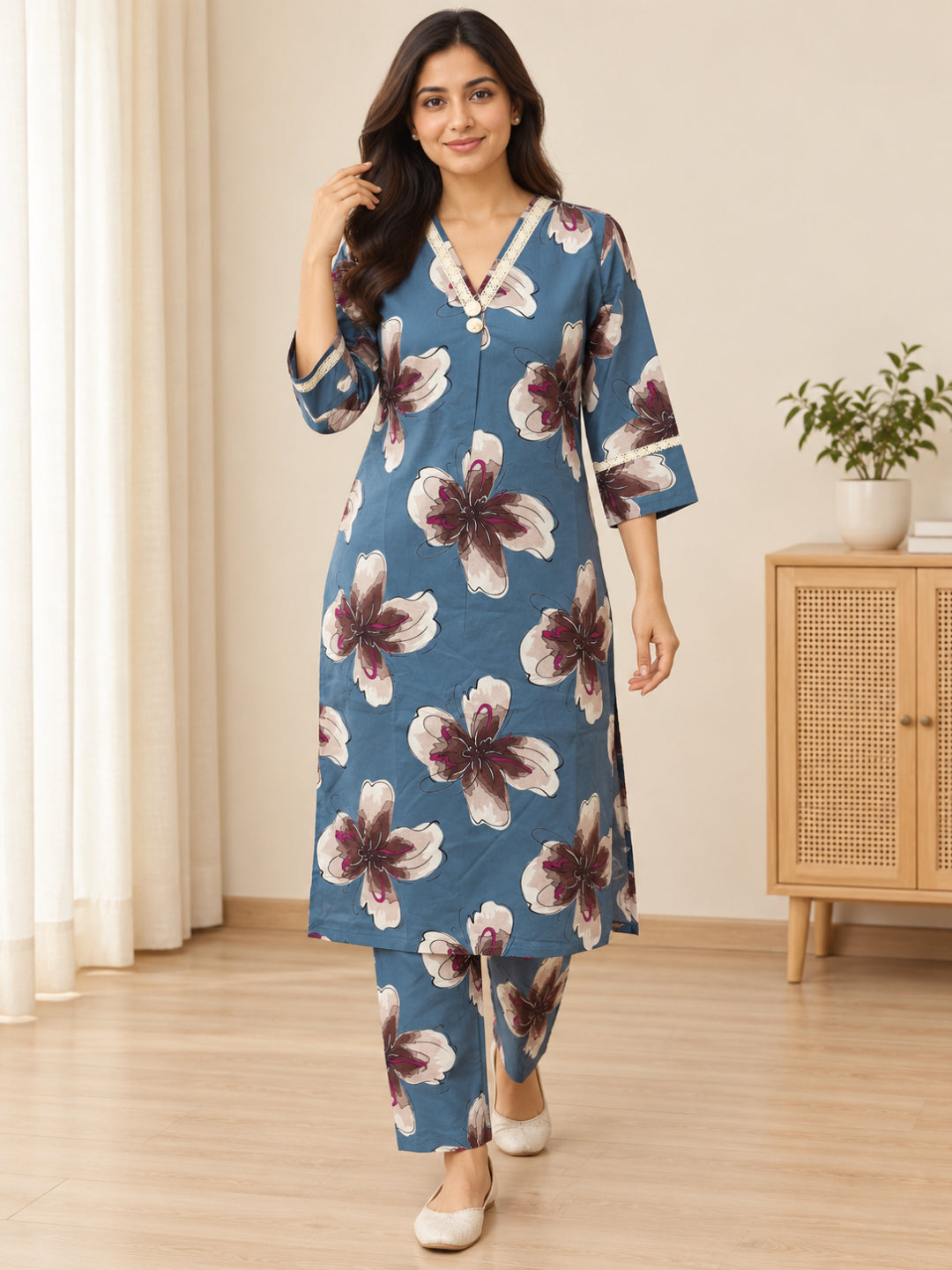 Anouk Luna Sky Blue Pure Cotton Digital Print Co-Ord Set for Women | V Neck Lace Work Straight Fit Top with Elasticated Waist Trouser