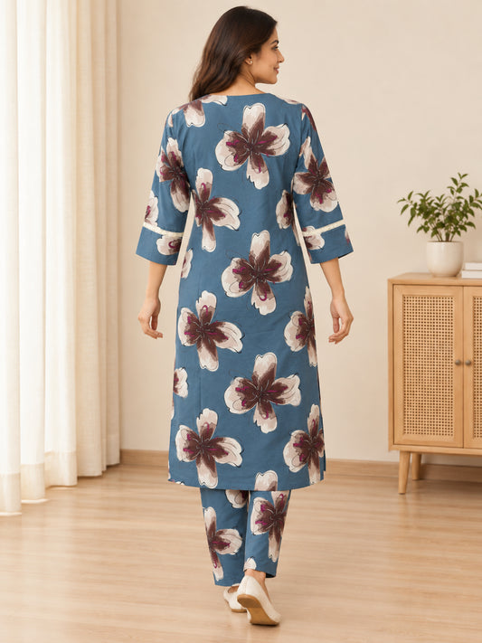 Anouk Luna Sky Blue Pure Cotton Digital Print Co-Ord Set for Women | V Neck Lace Work Straight Fit Top with Elasticated Waist Trouser