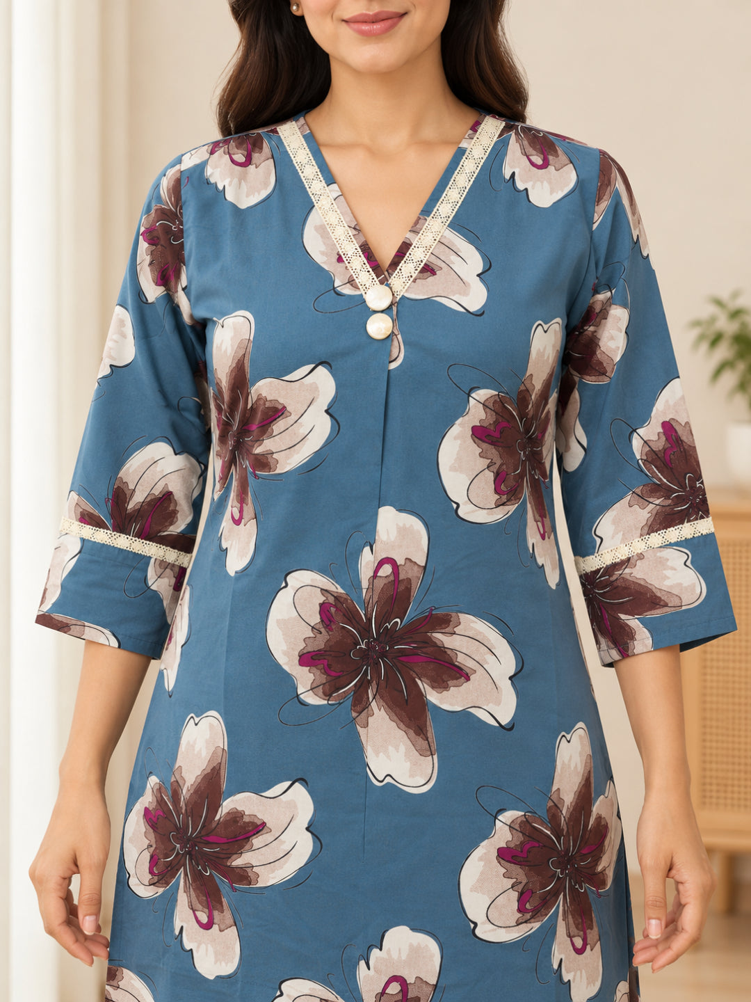 Anouk Luna Sky Blue Pure Cotton Digital Print Co-Ord Set for Women | V Neck Lace Work Straight Fit Top with Elasticated Waist Trouser