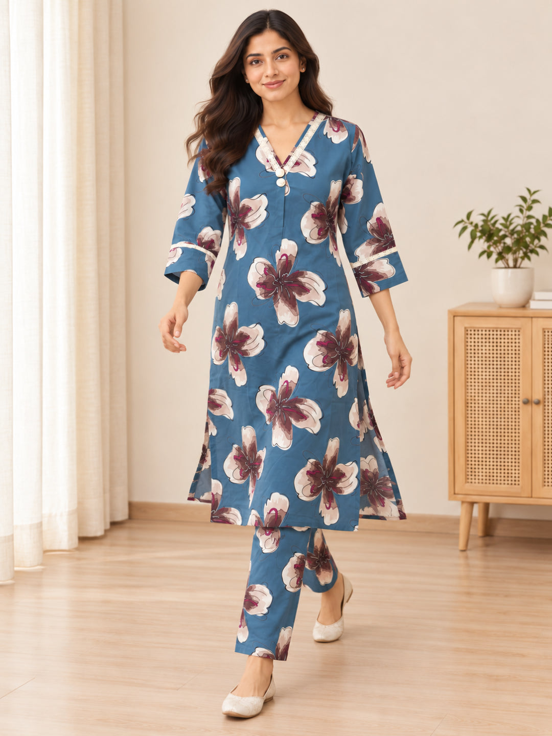 Anouk Luna Sky Blue Pure Cotton Digital Print Co-Ord Set for Women | V Neck Lace Work Straight Fit Top with Elasticated Waist Trouser