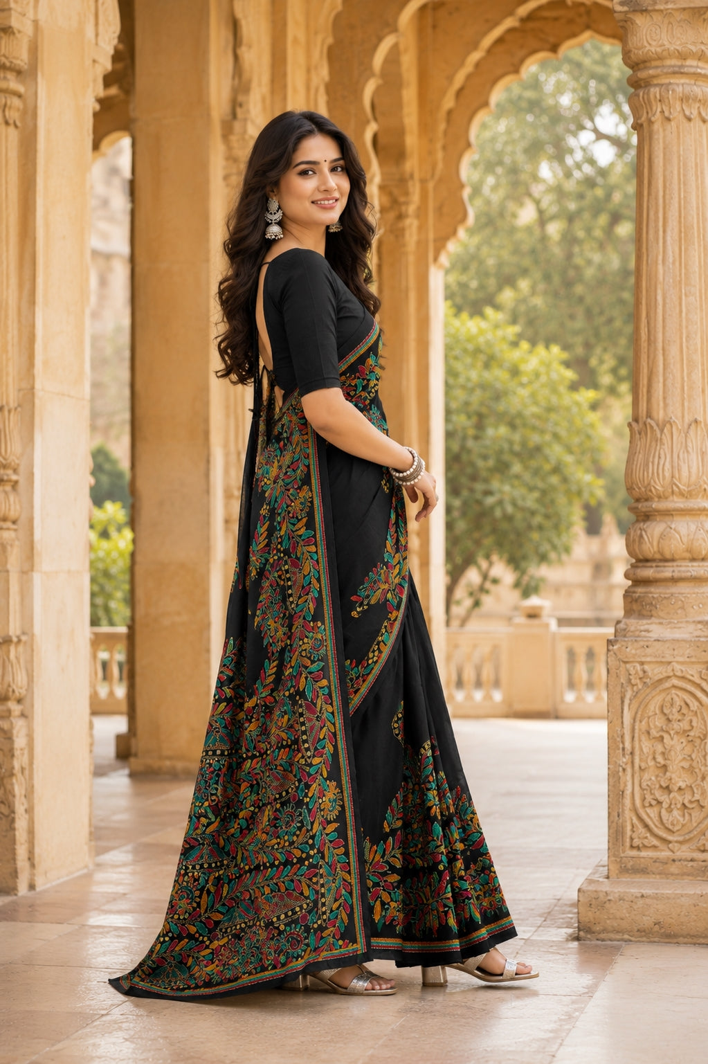 Minu Nakshi Kantha Women's Black Pure Cotton Floral Printed Saree