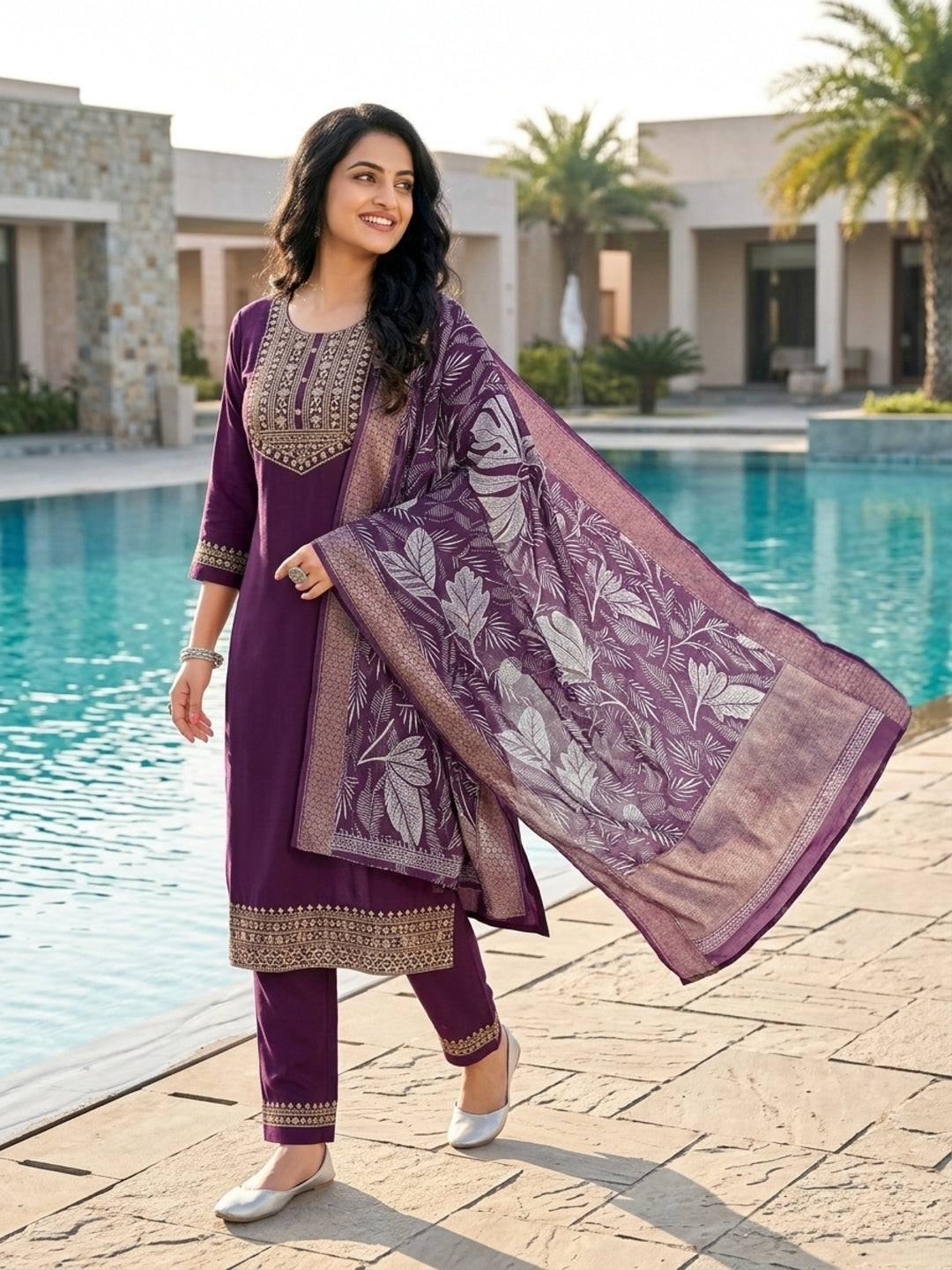 Minu Fashions Women Salwar Suit with Digital Floral Print Chanderi Dupatta