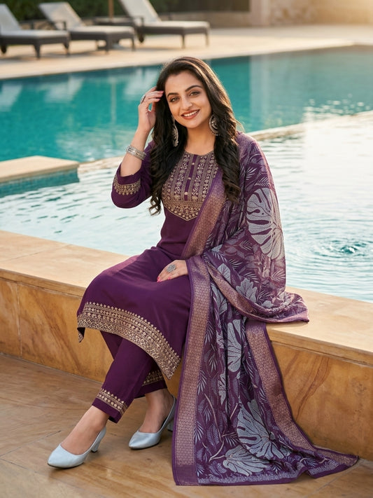Minu Fashions Women Salwar Suit with Digital Floral Print Chanderi Dupatta