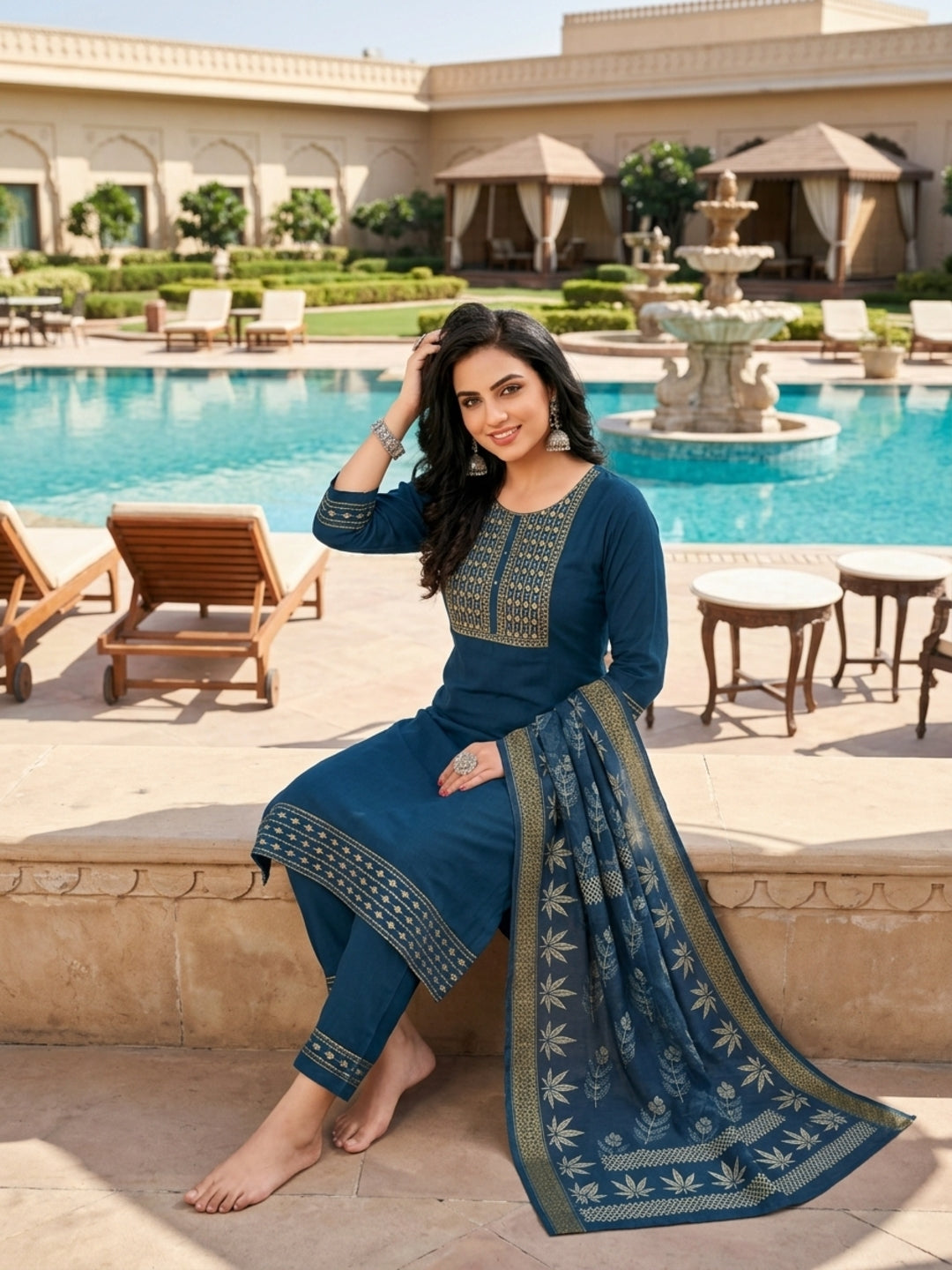 Minu Fashions Women Salwar Suit with Digital Floral Print Chanderi Dupatta