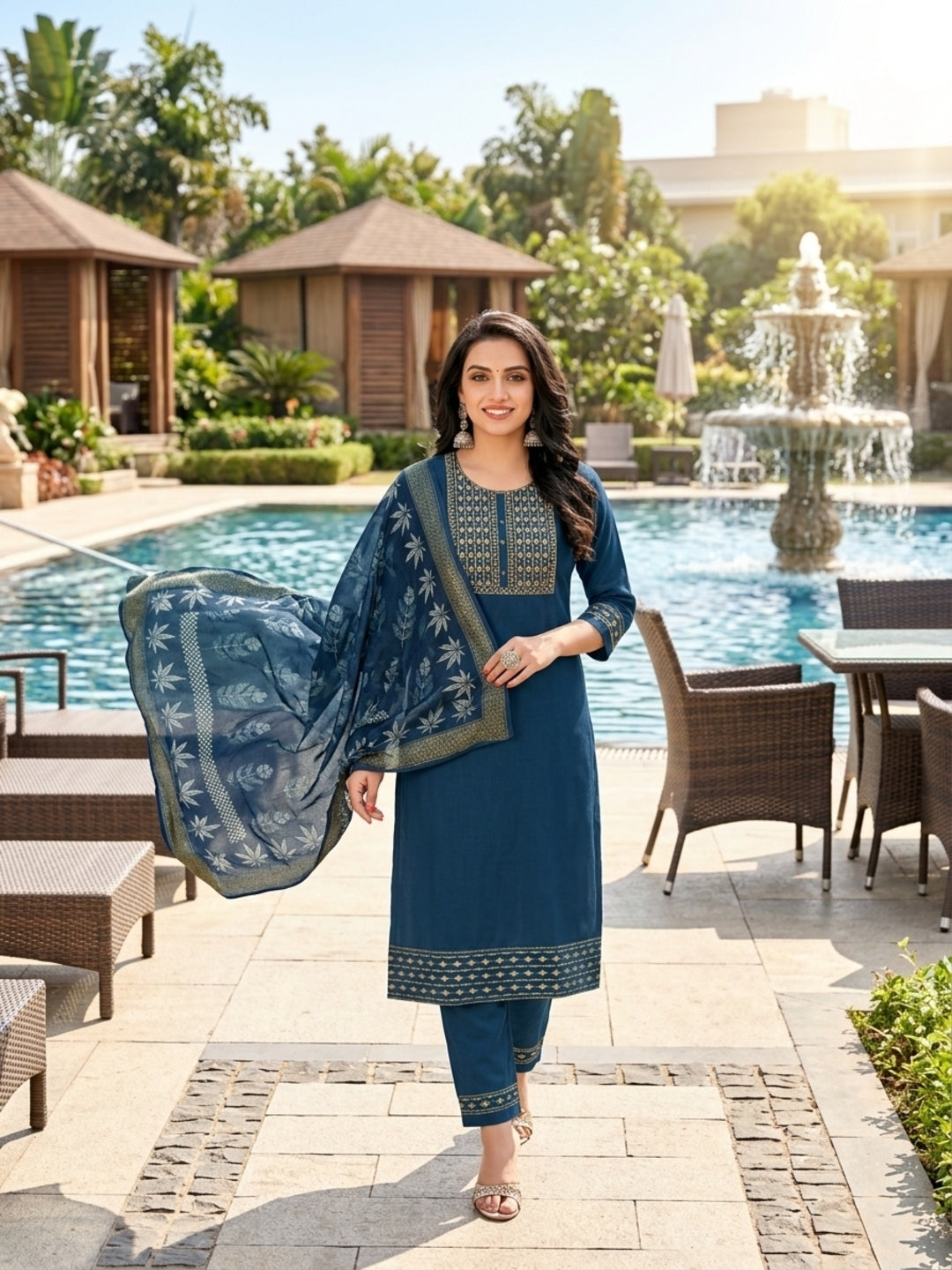 Minu Fashions Women Salwar Suit with Digital Floral Print Chanderi Dupatta