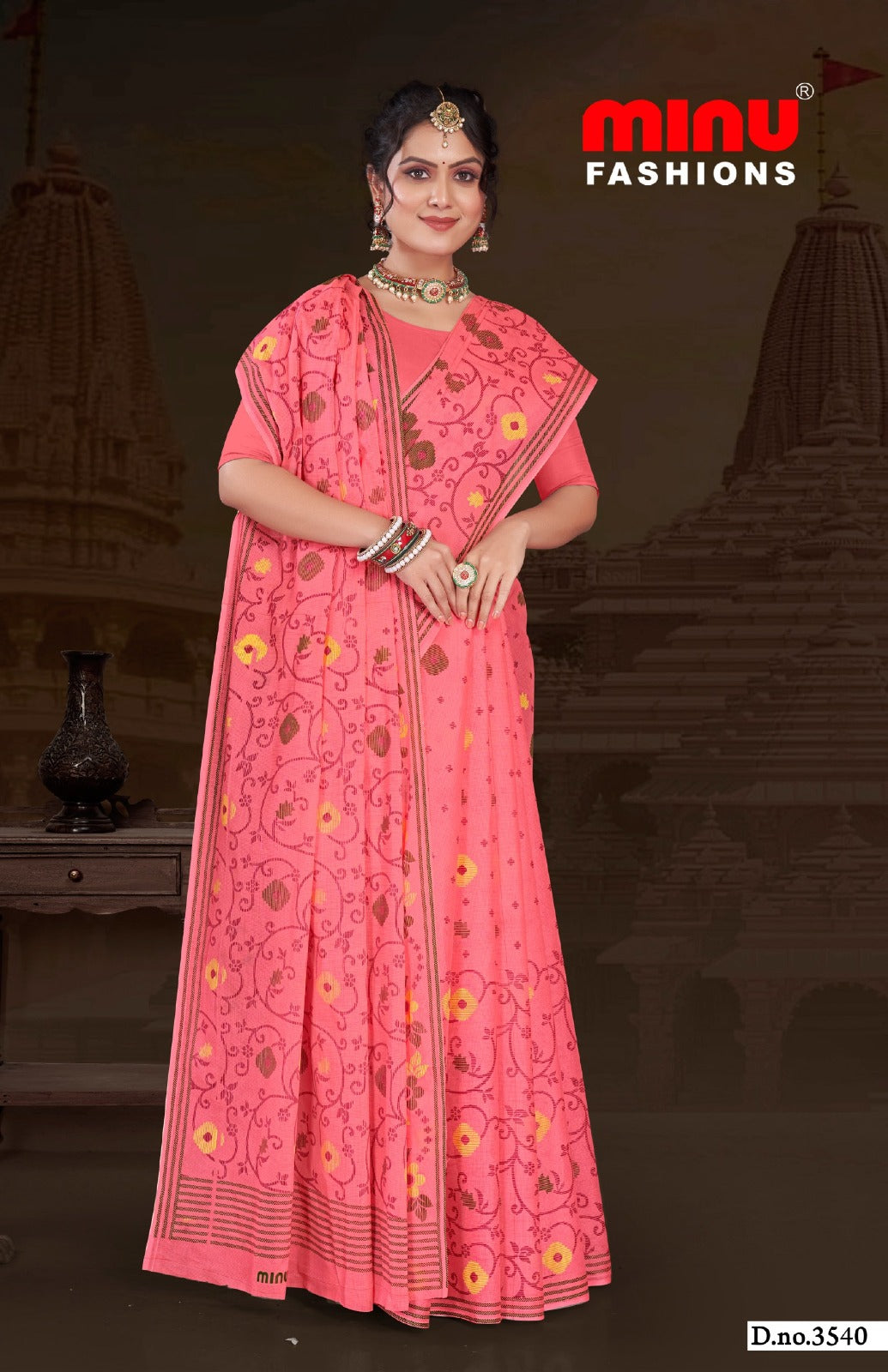 Minu Fashions Tulip 2 Saree – Pink cotton saree with floral prints and traditional ethnic design for women