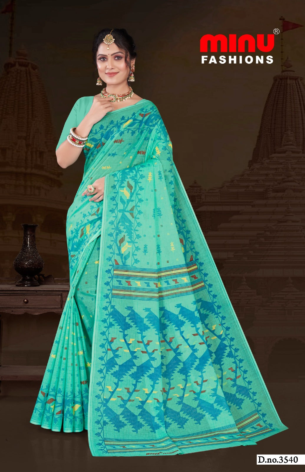 Minu Fashions Tulip 2 Saree – Aqua blue pure cotton saree with intricate ethnic patterns and elegant border