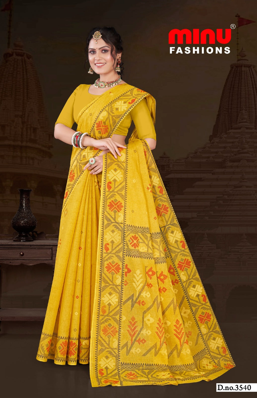 Minu Fashions Tulip 2 Saree – Mustard yellow cotton saree with traditional motifs and festive ethnic design