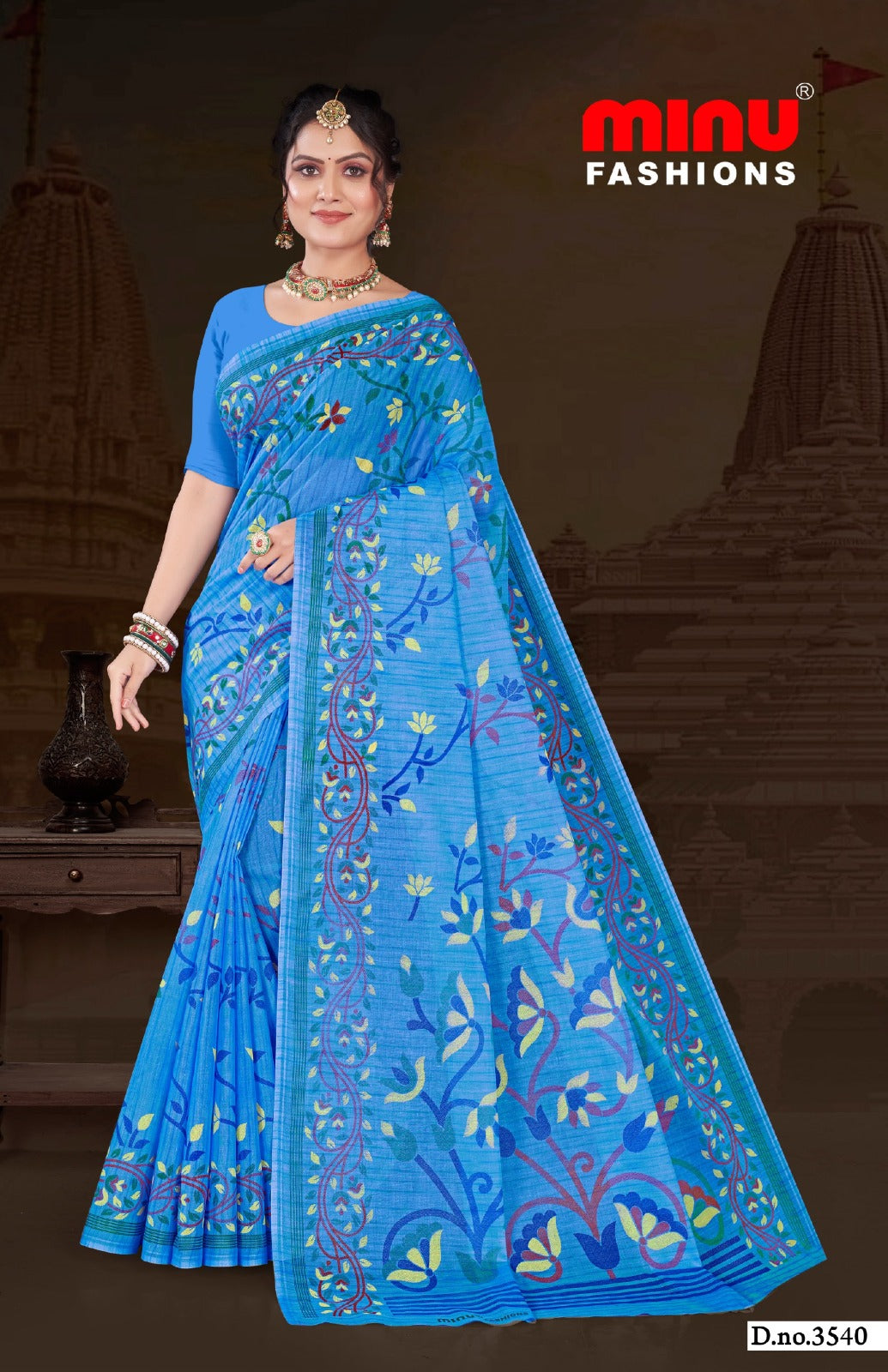 Minu Fashions Tulip 2 Saree – Royal blue pure cotton saree with vibrant ethnic prints and stylish pallu