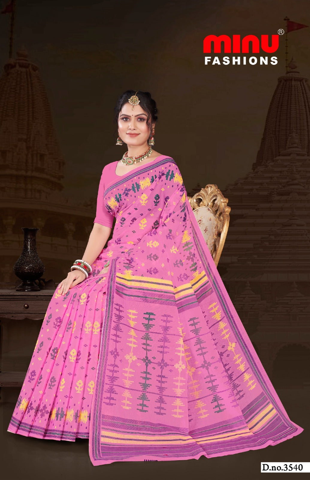 Minu Fashions Tulip 2 Saree – Magenta pink cotton saree with beautiful ethnic prints and contrasting border