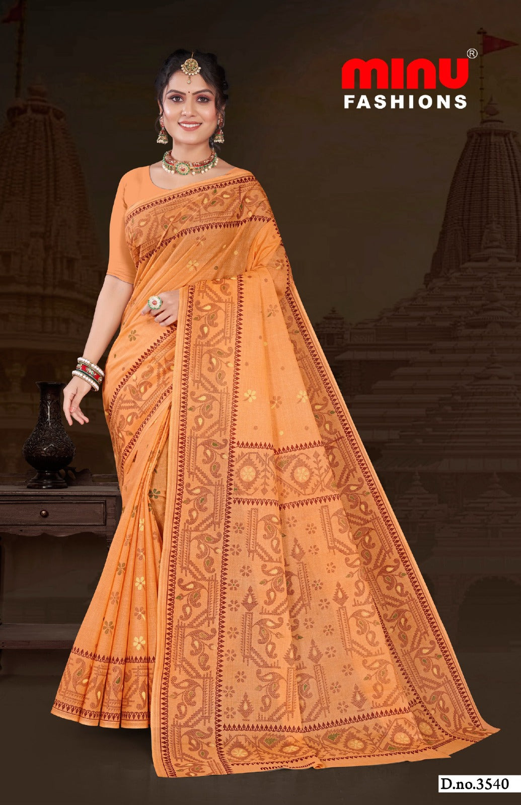 Minu Fashions Tulip 2 Saree – Rust orange cotton saree with ethnic block prints and elegant design
