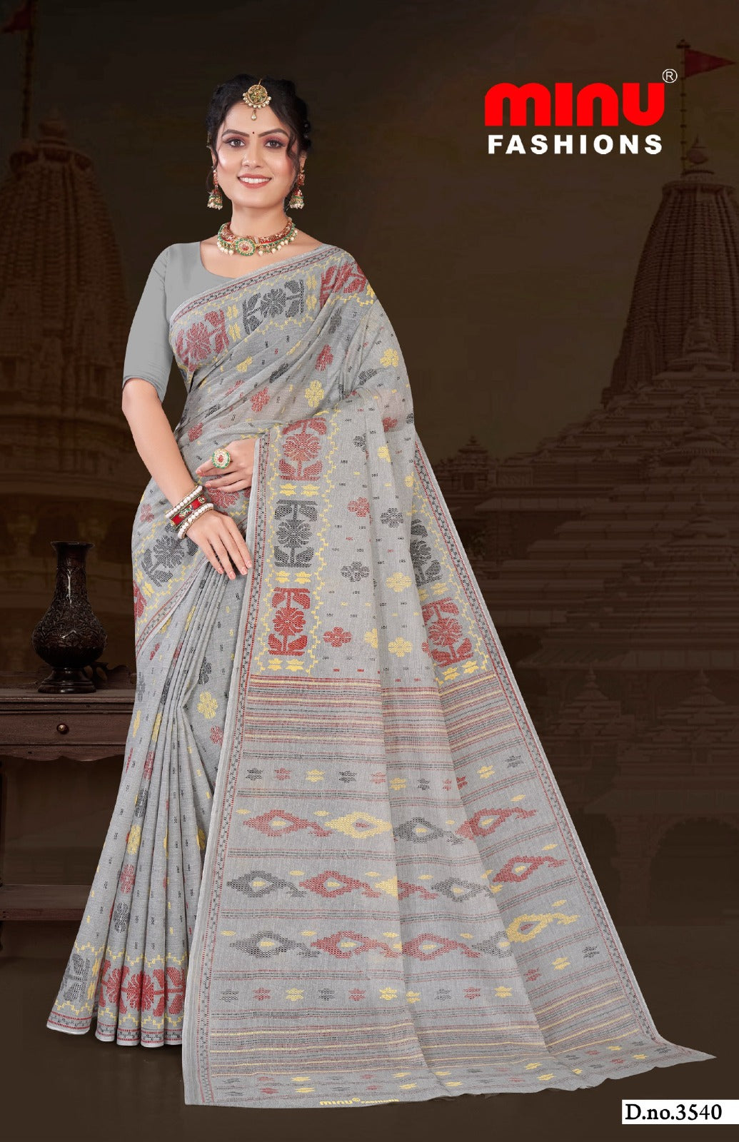 Minu Fashions Tulip 2 Saree – Grey pure cotton saree with multicolor ethnic prints and traditional pallu.